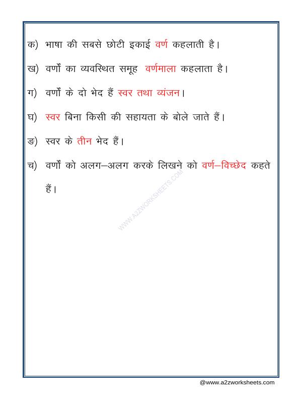 A2Zworksheets:Worksheet of Varn Vichar Aur Ucharan (वर्णविचार) Hindi