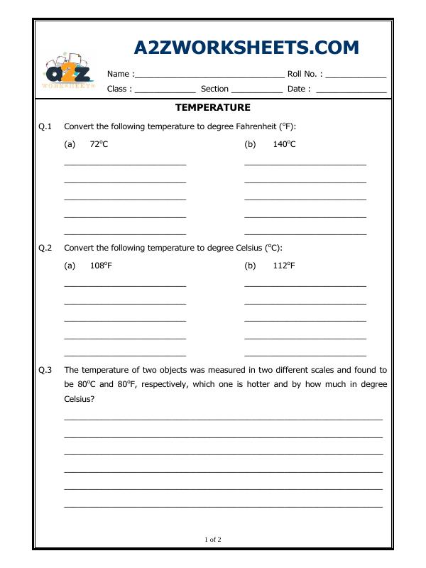 A2Zworksheets:Worksheet of Temperature-Measurement-Maths