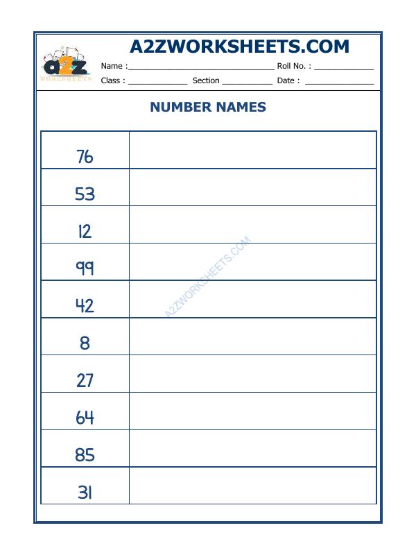 A2Zworksheets:Worksheet of Number Names - 04-Numbers-Maths