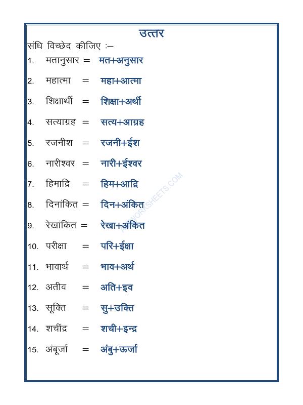 A2Zworksheets:Worksheet of Hindi Vyakaran Swar Sandhi 03 Hindi Language