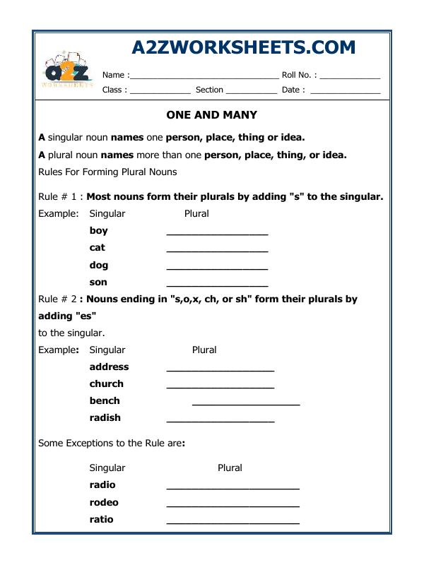 A2Zworksheets:Worksheet of Singular Plural-Grammar-English