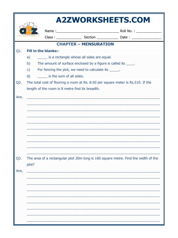 A2Zworksheets:Worksheet of Mensuration-06-Geometry-Maths