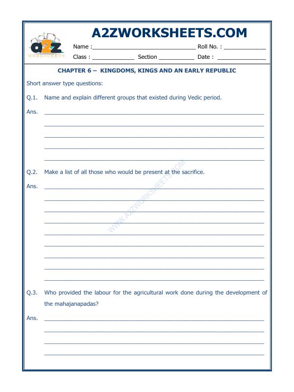 A2Zworksheets:Worksheet of Kingdoms Kings And An Early Republic 08 Our