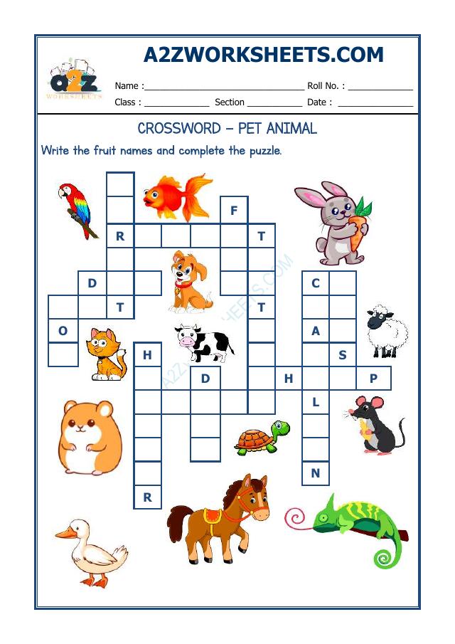 A2Zworksheets:Worksheet of Class I Crossword Pet Animals Reading English