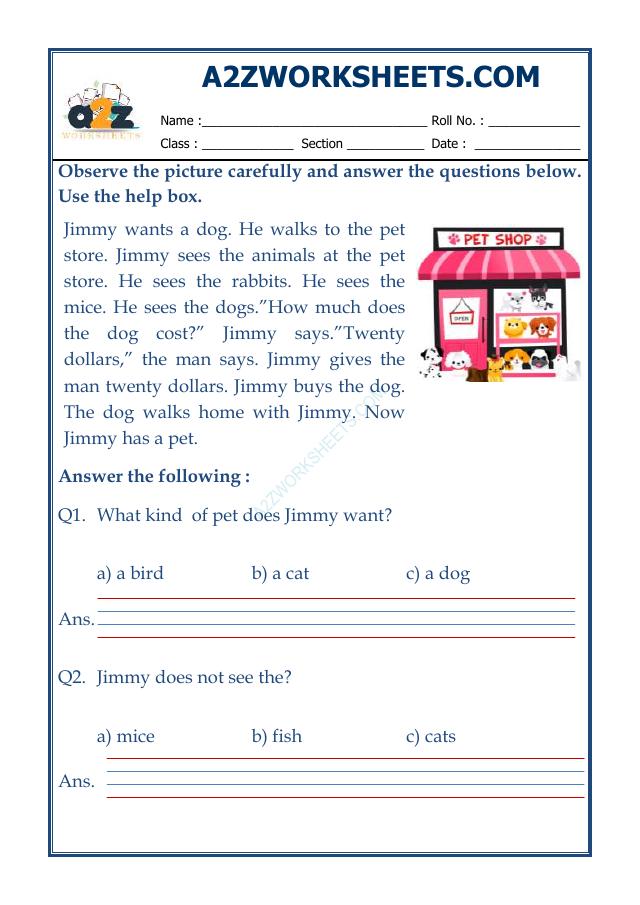 A2Zworksheets:Worksheet of Class Ii-Picture Comprehension-38-Reading ...