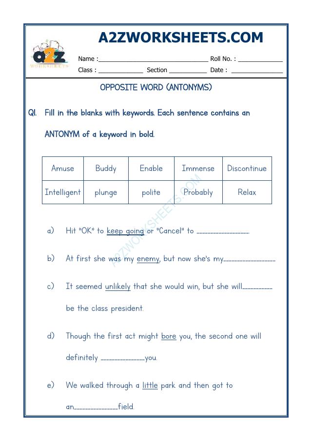 A2Zworksheets:Worksheet of Class-Iv-Antonyms-04-Grammar-English