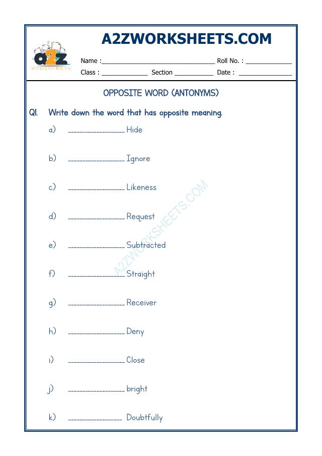 A2Zworksheets:Worksheet of Class-Iv-Antonyms-09-Grammar-English