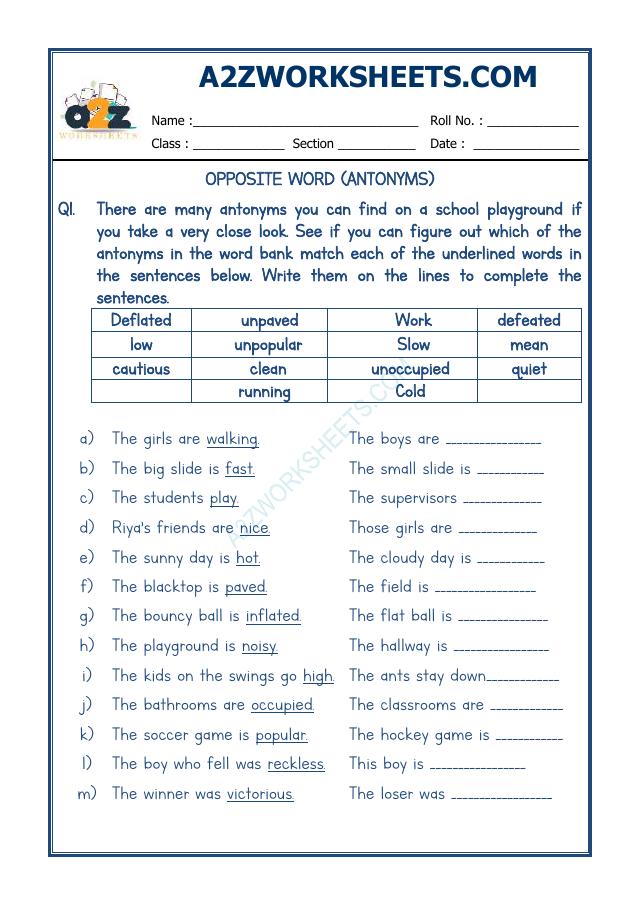 A2Zworksheets:Worksheet of Class-V-Antonyms-05-Grammar-English