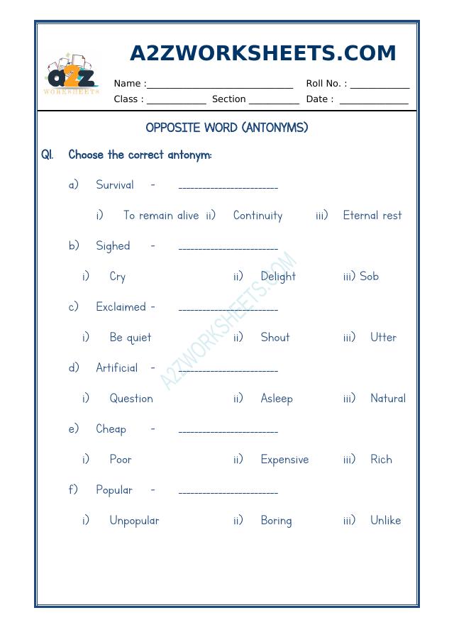 A2Zworksheets:Worksheet of Class-V-Antonyms-11-Grammar-English