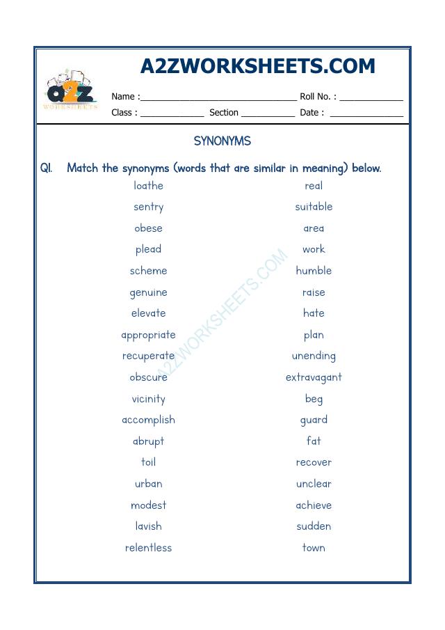 A2ZworksheetsWorksheet of ClassVSynonyms03GrammarEnglish