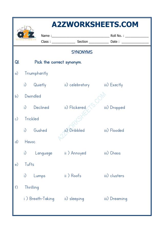 A2ZworksheetsWorksheet of ClassVSynonyms10GrammarEnglish