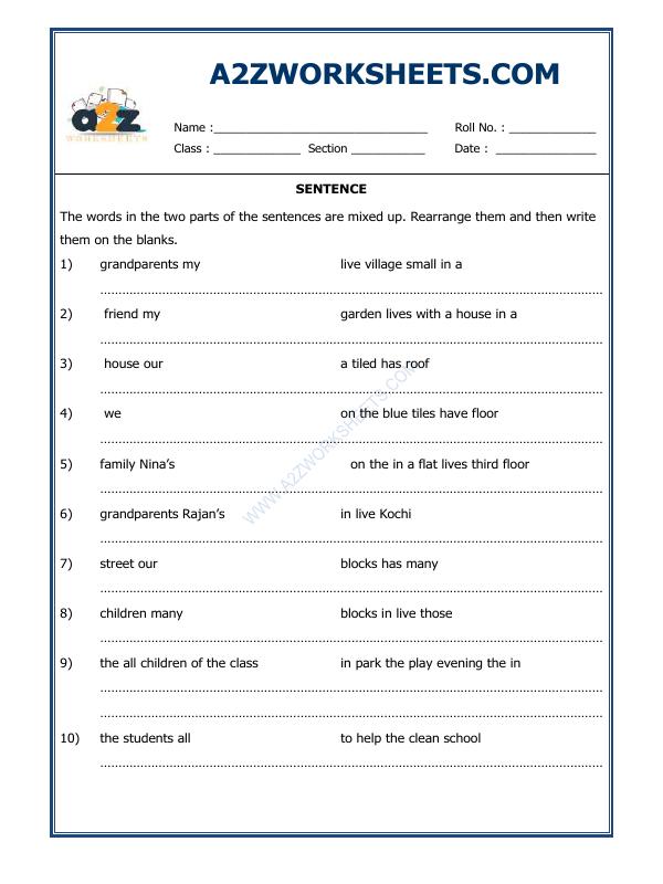 A2Zworksheets:Worksheet of Sentence-02 (Exercise)-Grammar-English